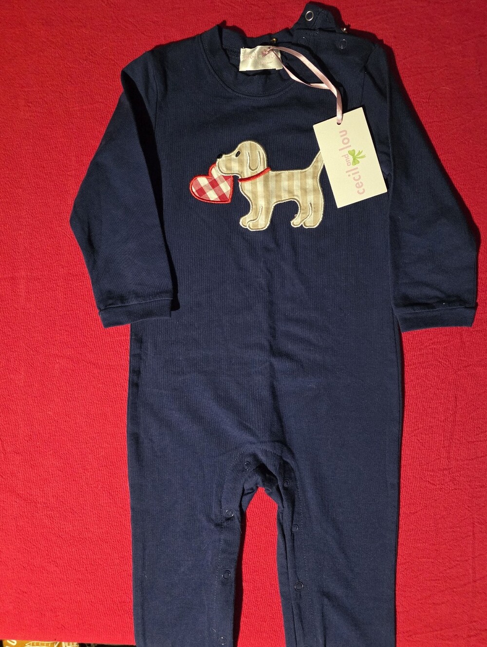 Cecil & Lou Navy Baby One-Piece Romper with Puppy Applique